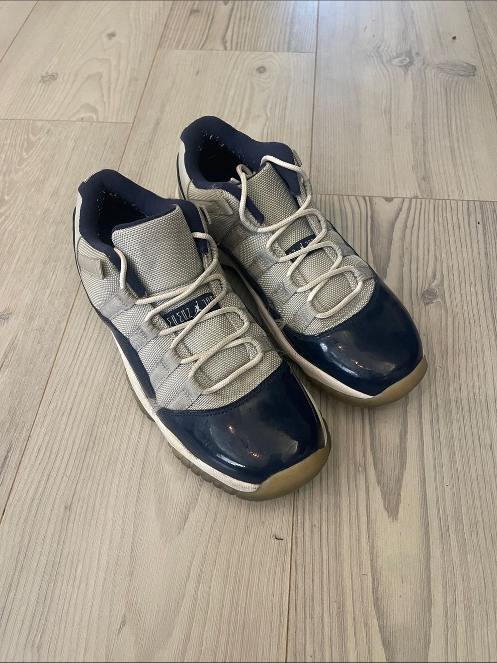 Jordan 11 Kids Navy and Gray Low-Top Sneakers with Gum Sole
